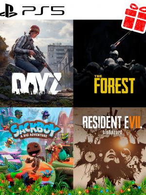 SUPER NOEL CHRISTMAS PACK V PS5	El pack incluye:  - DayZ Ps4         - The Forest PS4         - Sackboy Una gran aventura PS4     - RESIDENT EVIL 7 biohazard PS4                 Pesos de los juegos : 